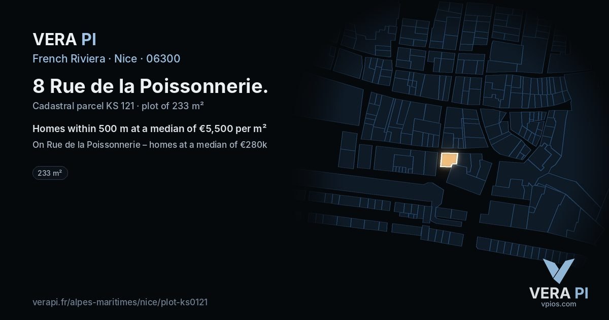 8 Rue de la Poissonnerie, Nice at night – the plot lit, the parcels around coloured by the prices near them