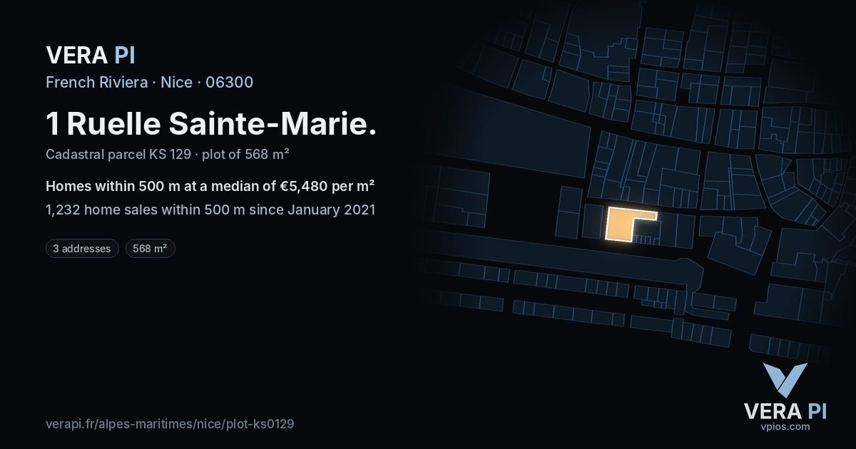 1 Ruelle Sainte-Marie, Nice at night – the plot lit, the parcels around coloured by the prices near them