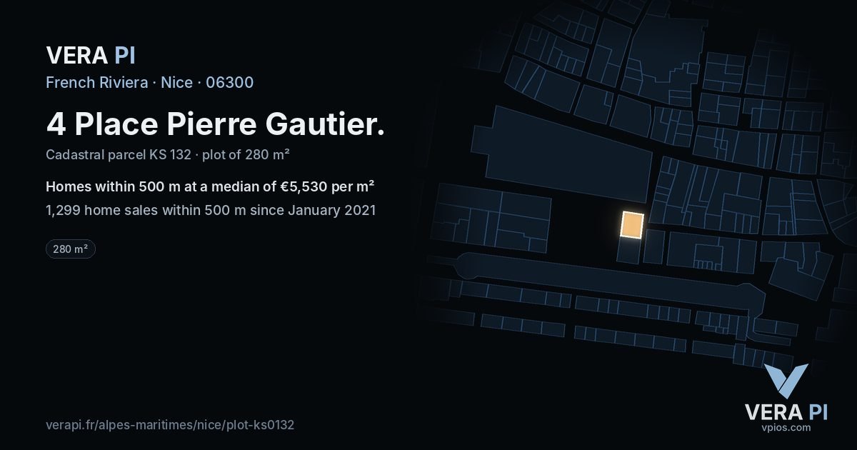 4 Place Pierre Gautier, Nice at night – the plot lit, the parcels around coloured by the prices near them