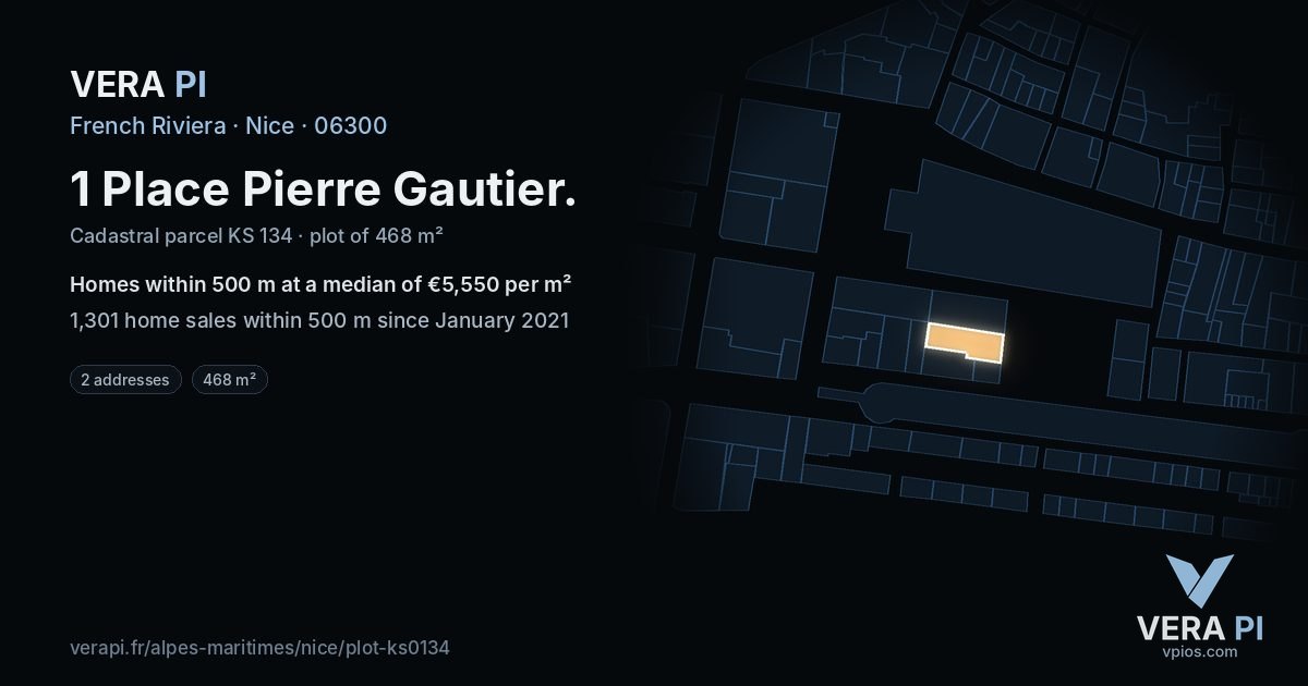 1 Place Pierre Gautier, Nice at night – the plot lit, the parcels around coloured by the prices near them