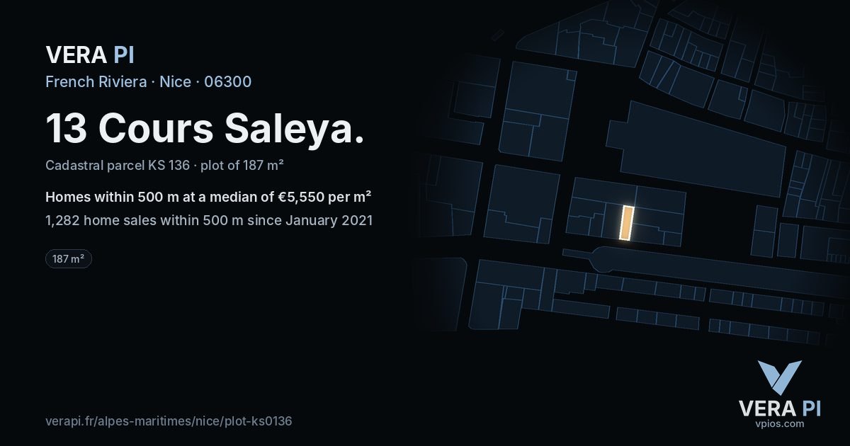 13 Cours Saleya, Nice at night – the plot lit, the parcels around coloured by the prices near them