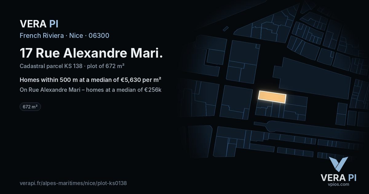 17 Rue Alexandre Mari, Nice at night – the plot lit, the parcels around coloured by the prices near them