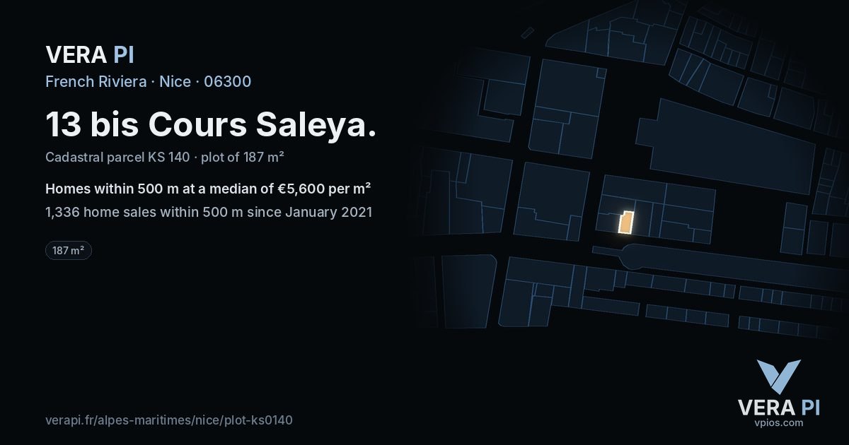 13 bis Cours Saleya, Nice at night – the plot lit, the parcels around coloured by the prices near them