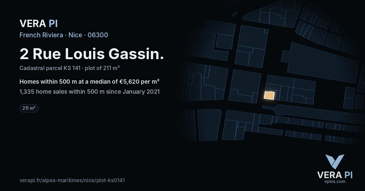 2 Rue Louis Gassin, Nice at night – the plot lit, the parcels around coloured by the prices near them