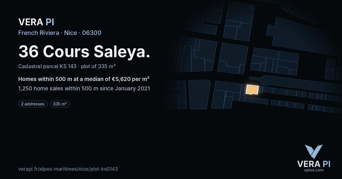 36 Cours Saleya, Nice at night – the plot lit, the parcels around coloured by the prices near them