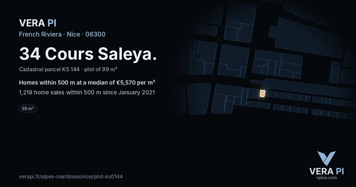 34 Cours Saleya, Nice at night – the plot lit, the parcels around coloured by the prices near them
