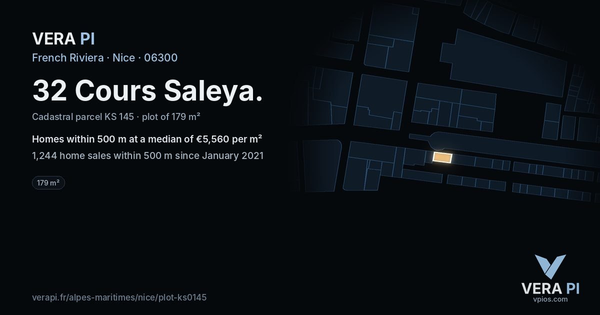 32 Cours Saleya, Nice at night – the plot lit, the parcels around coloured by the prices near them