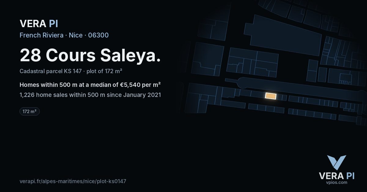 28 Cours Saleya, Nice at night – the plot lit, the parcels around coloured by the prices near them