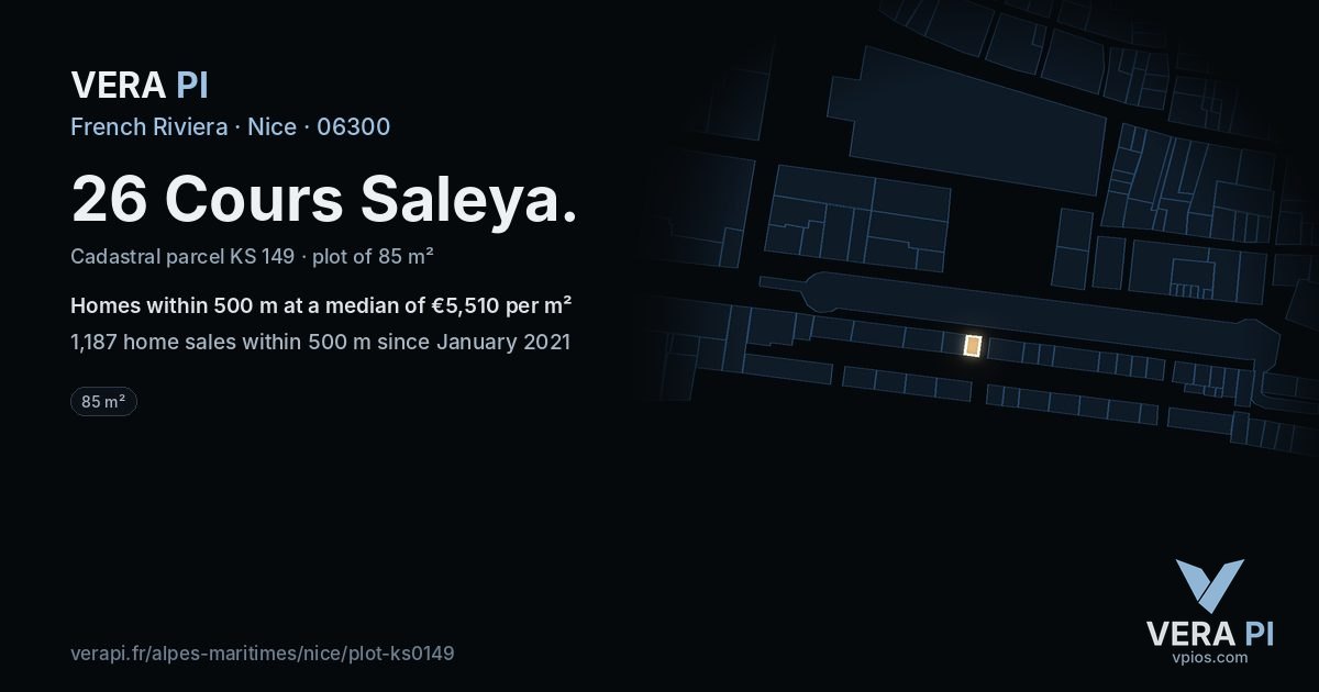 26 Cours Saleya, Nice at night – the plot lit, the parcels around coloured by the prices near them
