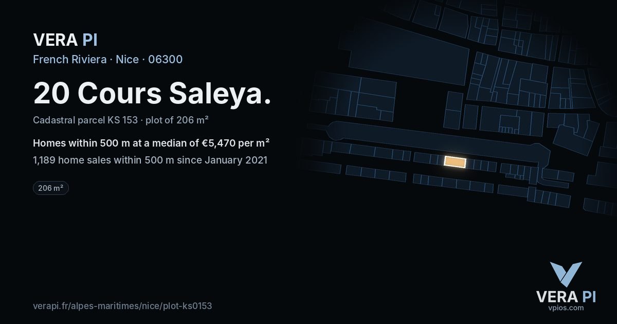 20 Cours Saleya, Nice at night – the plot lit, the parcels around coloured by the prices near them