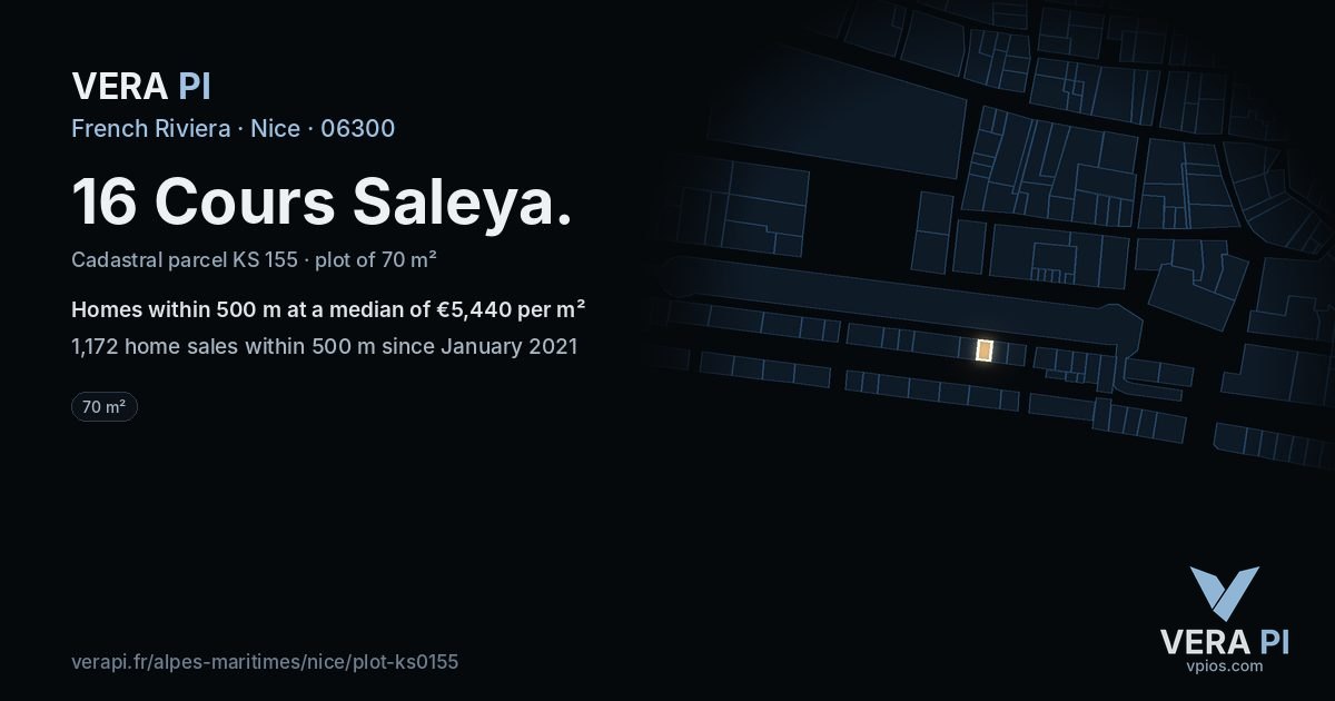 16 Cours Saleya, Nice at night – the plot lit, the parcels around coloured by the prices near them