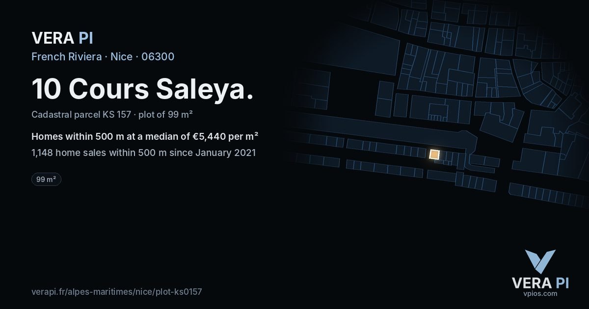 10 Cours Saleya, Nice at night – the plot lit, the parcels around coloured by the prices near them