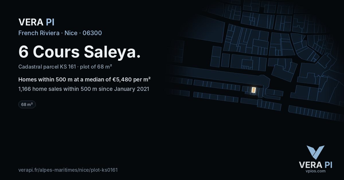 6 Cours Saleya, Nice at night – the plot lit, the parcels around coloured by the prices near them