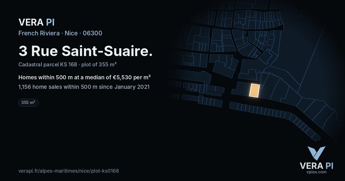 3 Rue Saint-Suaire, Nice at night – the plot lit, the parcels around coloured by the prices near them