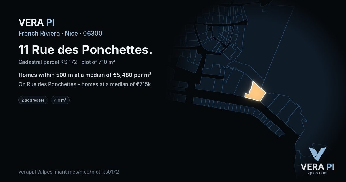 11 Rue des Ponchettes, Nice at night – the plot lit, the parcels around coloured by the prices near them
