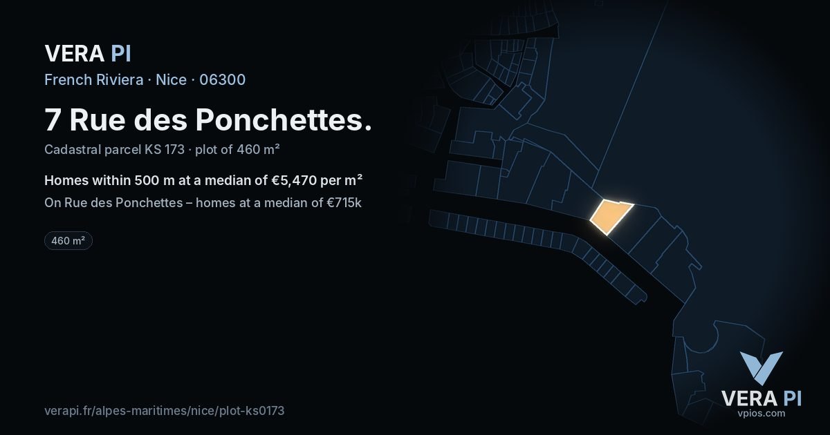 7 Rue des Ponchettes, Nice at night – the plot lit, the parcels around coloured by the prices near them
