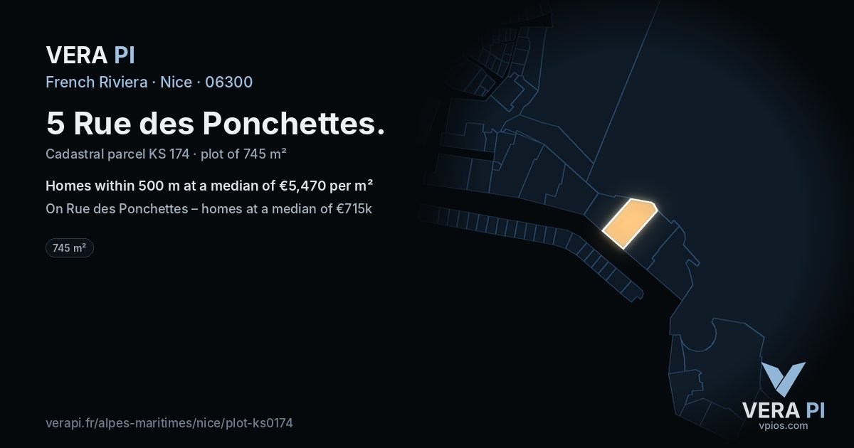 5 Rue des Ponchettes, Nice at night – the plot lit, the parcels around coloured by the prices near them