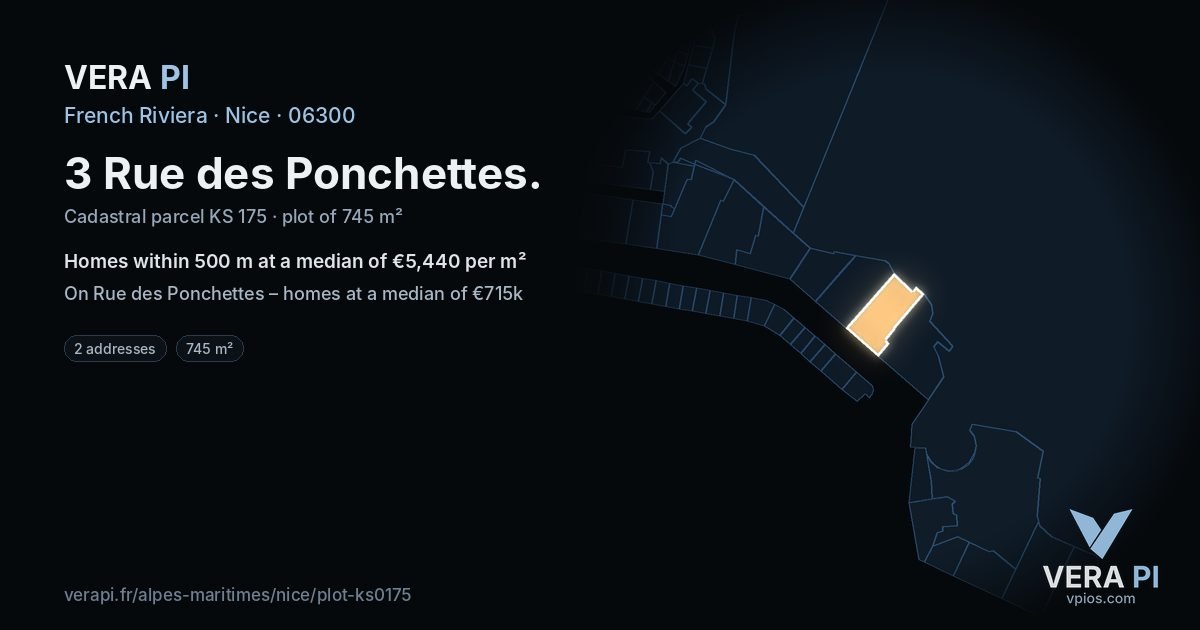 3 Rue des Ponchettes, Nice at night – the plot lit, the parcels around coloured by the prices near them
