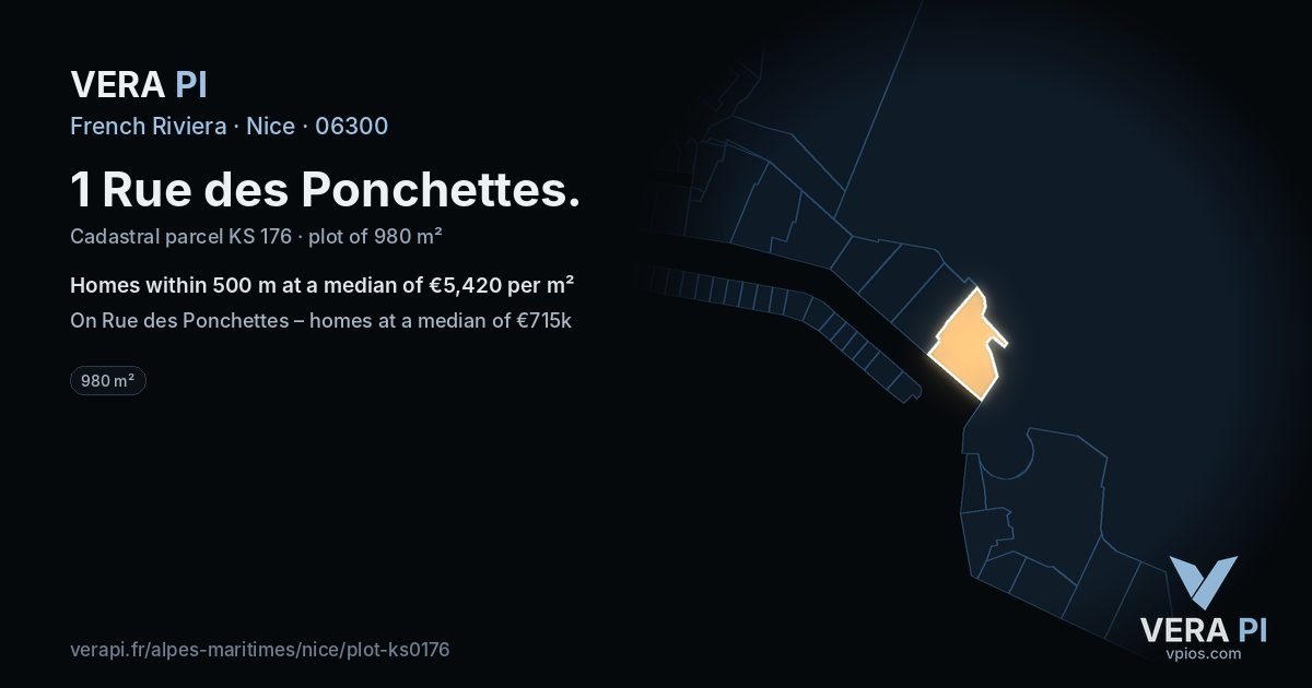 1 Rue des Ponchettes, Nice at night – the plot lit, the parcels around coloured by the prices near them