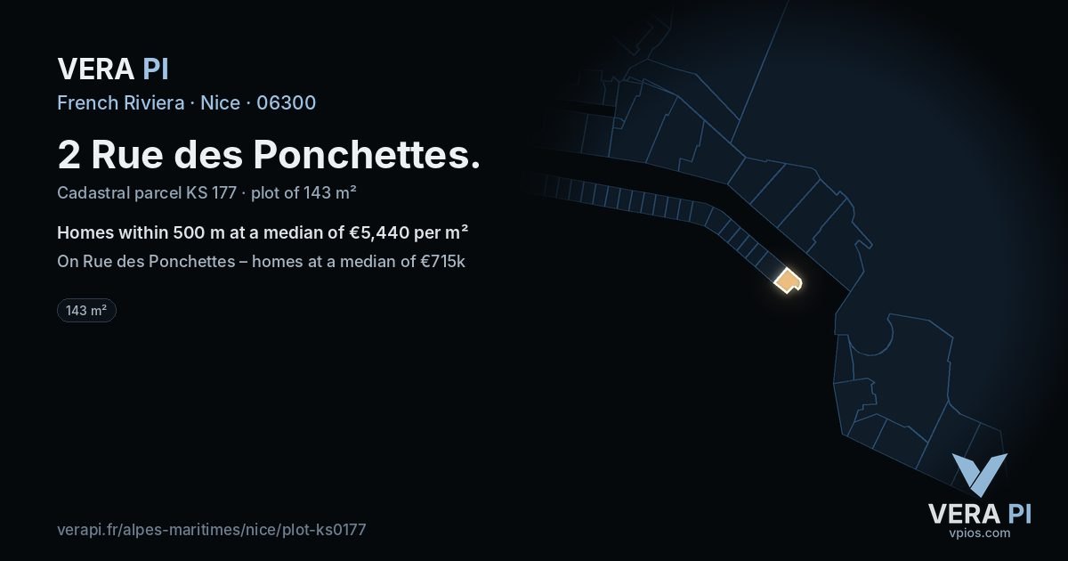 2 Rue des Ponchettes, Nice at night – the plot lit, the parcels around coloured by the prices near them