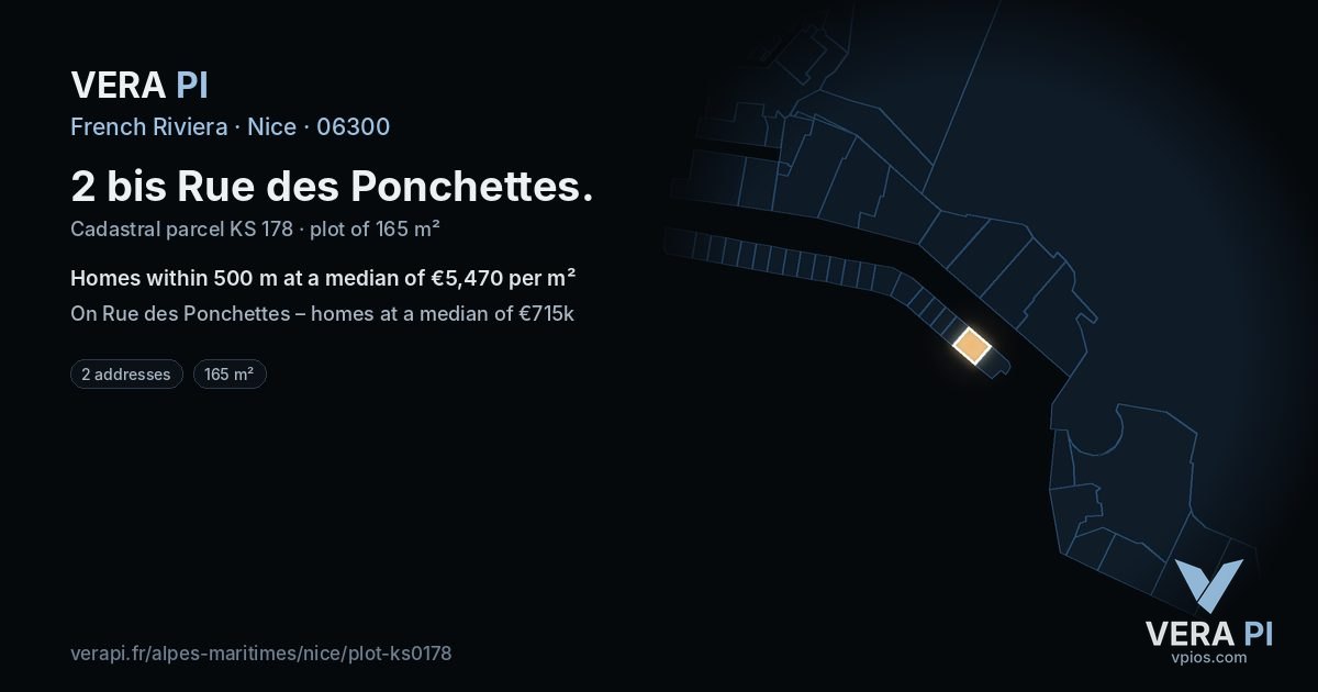 2 bis Rue des Ponchettes, Nice at night – the plot lit, the parcels around coloured by the prices near them