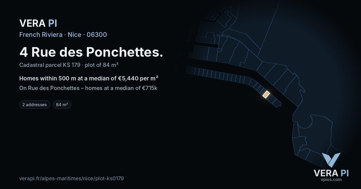 4 Rue des Ponchettes, Nice at night – the plot lit, the parcels around coloured by the prices near them