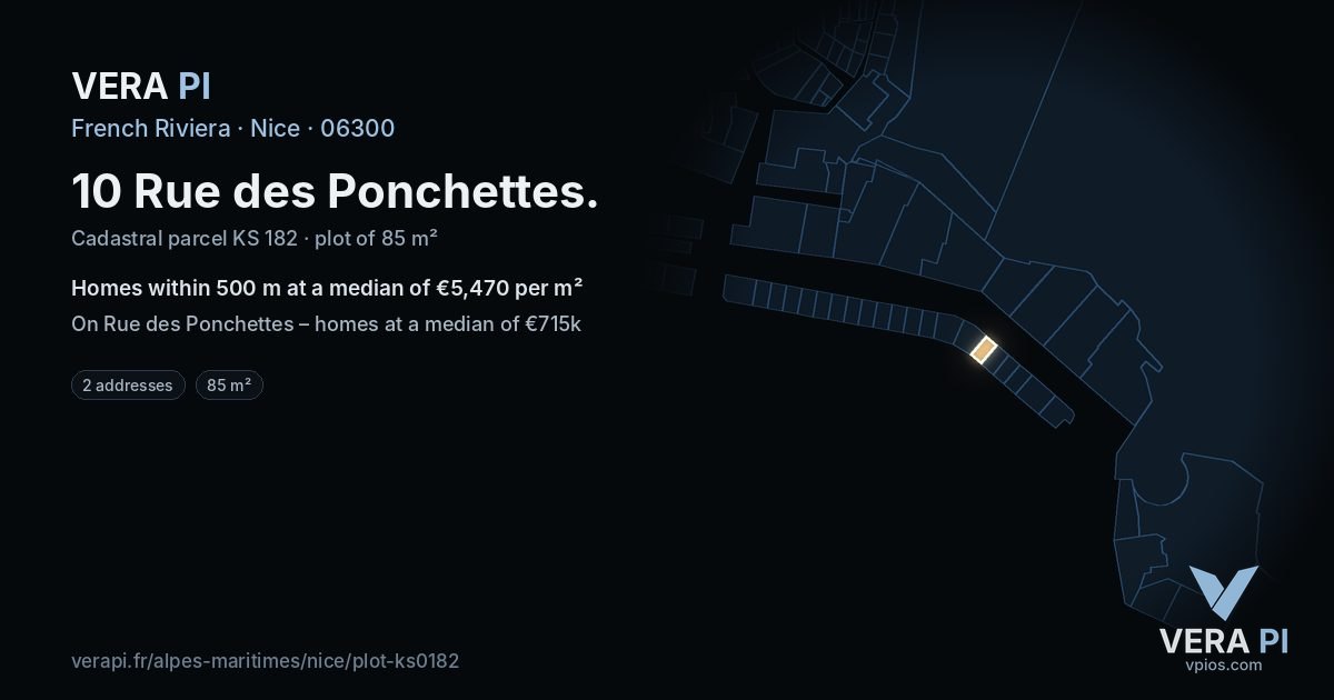 10 Rue des Ponchettes, Nice at night – the plot lit, the parcels around coloured by the prices near them