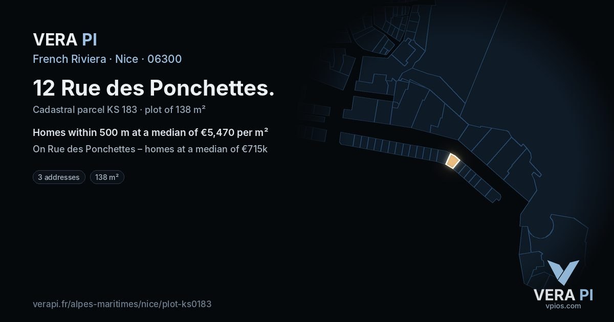 12 Rue des Ponchettes, Nice at night – the plot lit, the parcels around coloured by the prices near them