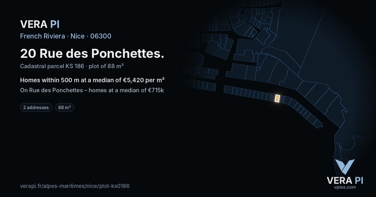 20 Rue des Ponchettes, Nice at night – the plot lit, the parcels around coloured by the prices near them