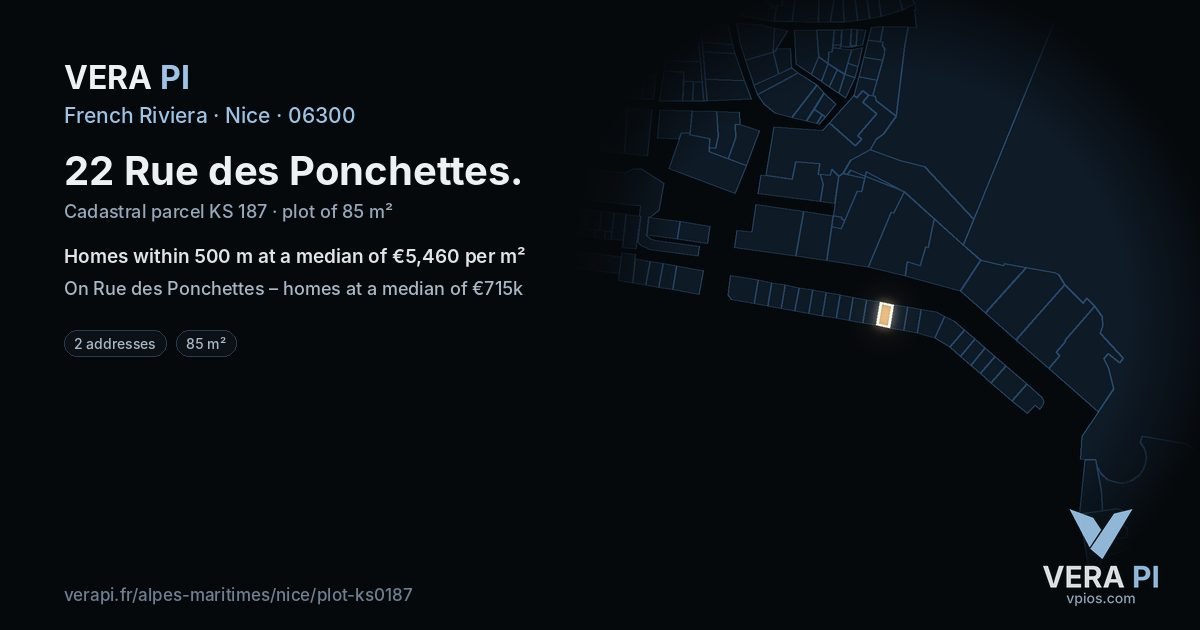 22 Rue des Ponchettes, Nice at night – the plot lit, the parcels around coloured by the prices near them