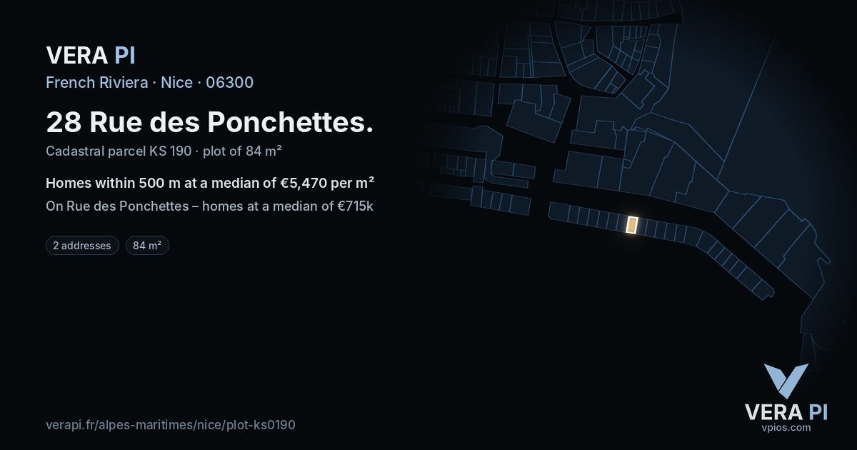 28 Rue des Ponchettes, Nice at night – the plot lit, the parcels around coloured by the prices near them