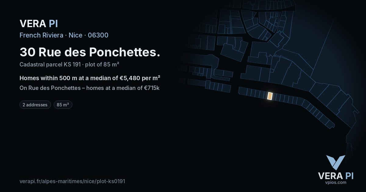 30 Rue des Ponchettes, Nice at night – the plot lit, the parcels around coloured by the prices near them