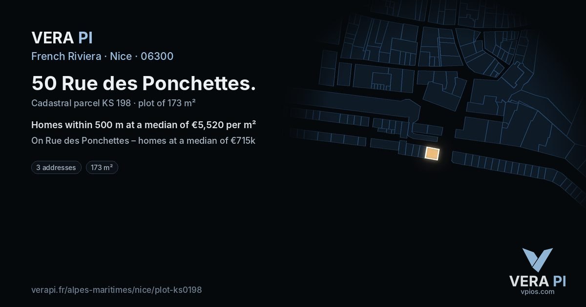 50 Rue des Ponchettes, Nice at night – the plot lit, the parcels around coloured by the prices near them