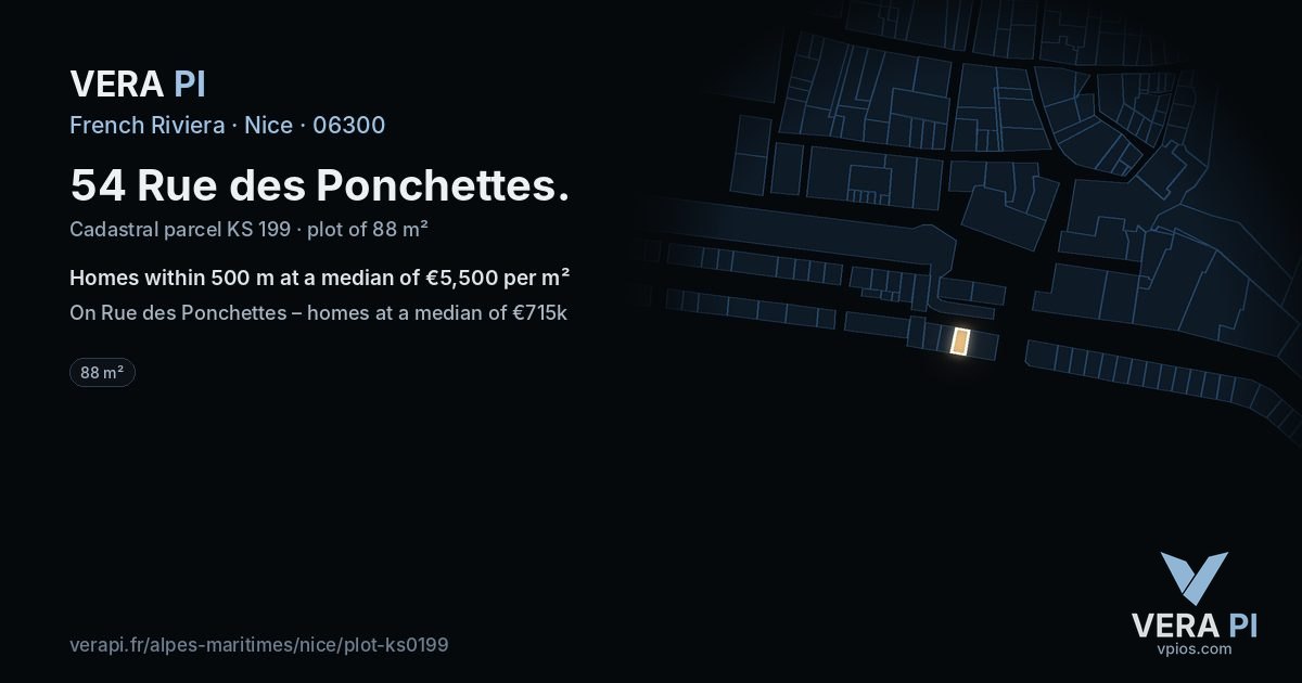 54 Rue des Ponchettes, Nice at night – the plot lit, the parcels around coloured by the prices near them