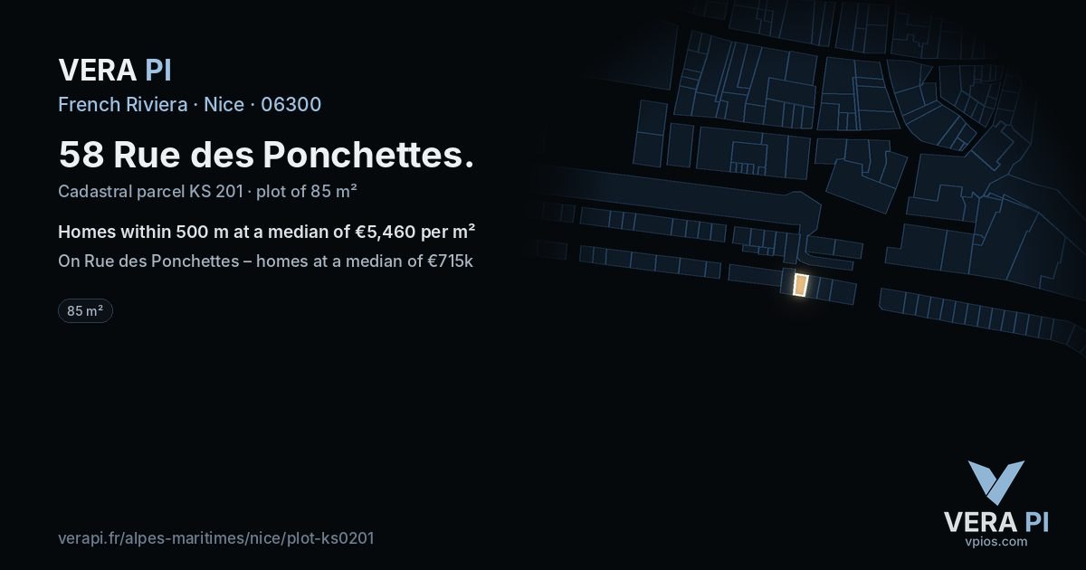 58 Rue des Ponchettes, Nice at night – the plot lit, the parcels around coloured by the prices near them