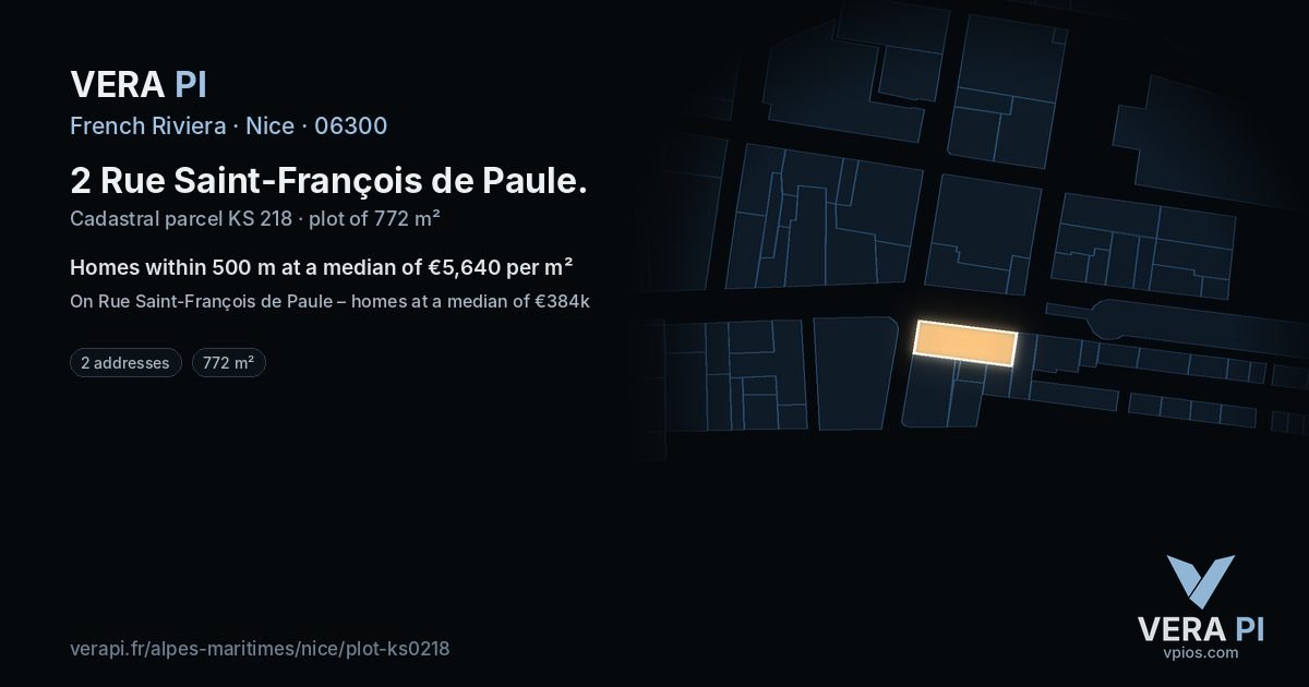 2 Rue Saint-François de Paule, Nice at night – the plot lit, the parcels around coloured by the prices near them