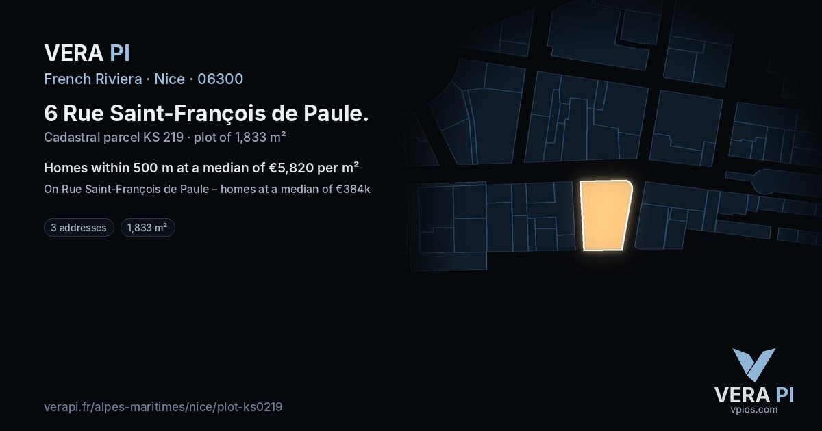 6 Rue Saint-François de Paule, Nice at night – the plot lit, the parcels around coloured by the prices near them