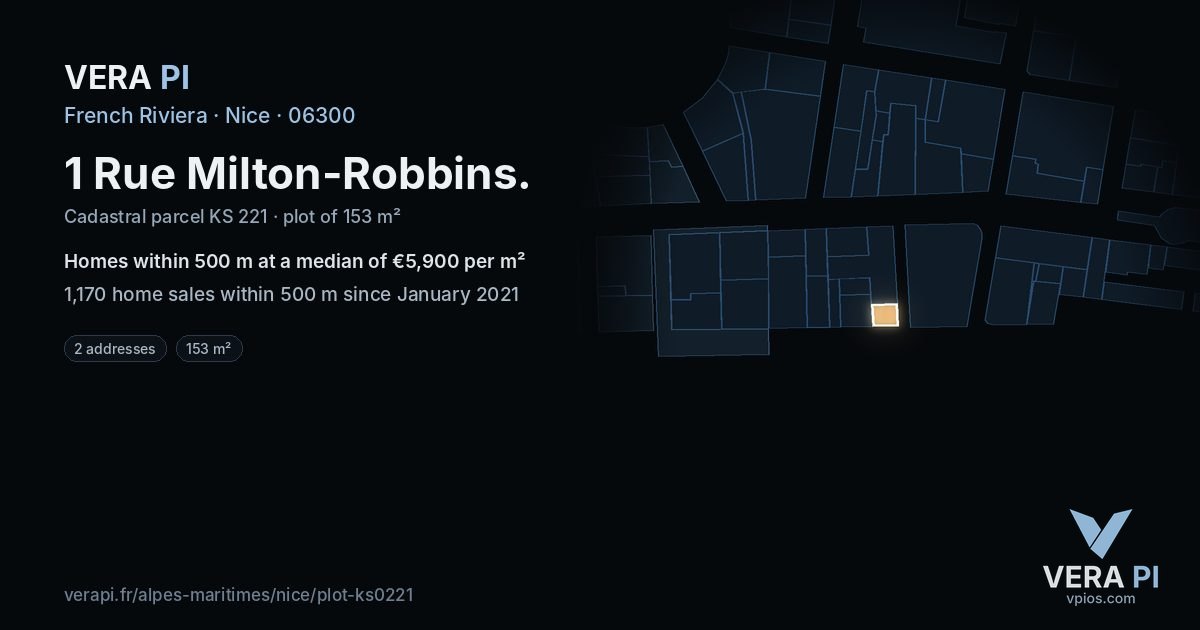 1 Rue Milton-Robbins, Nice at night – the plot lit, the parcels around coloured by the prices near them
