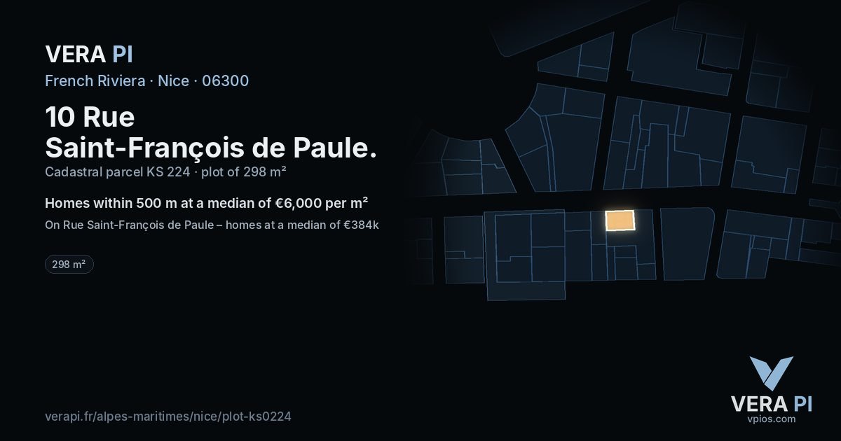 10 Rue Saint-François de Paule, Nice at night – the plot lit, the parcels around coloured by the prices near them
