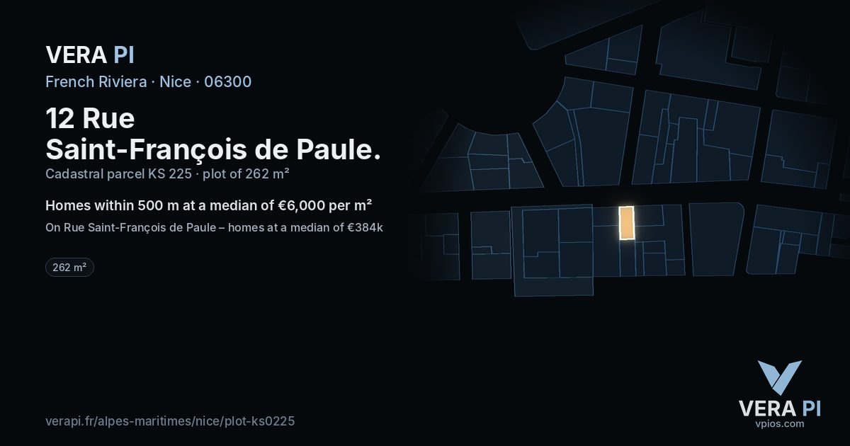 12 Rue Saint-François de Paule, Nice at night – the plot lit, the parcels around coloured by the prices near them
