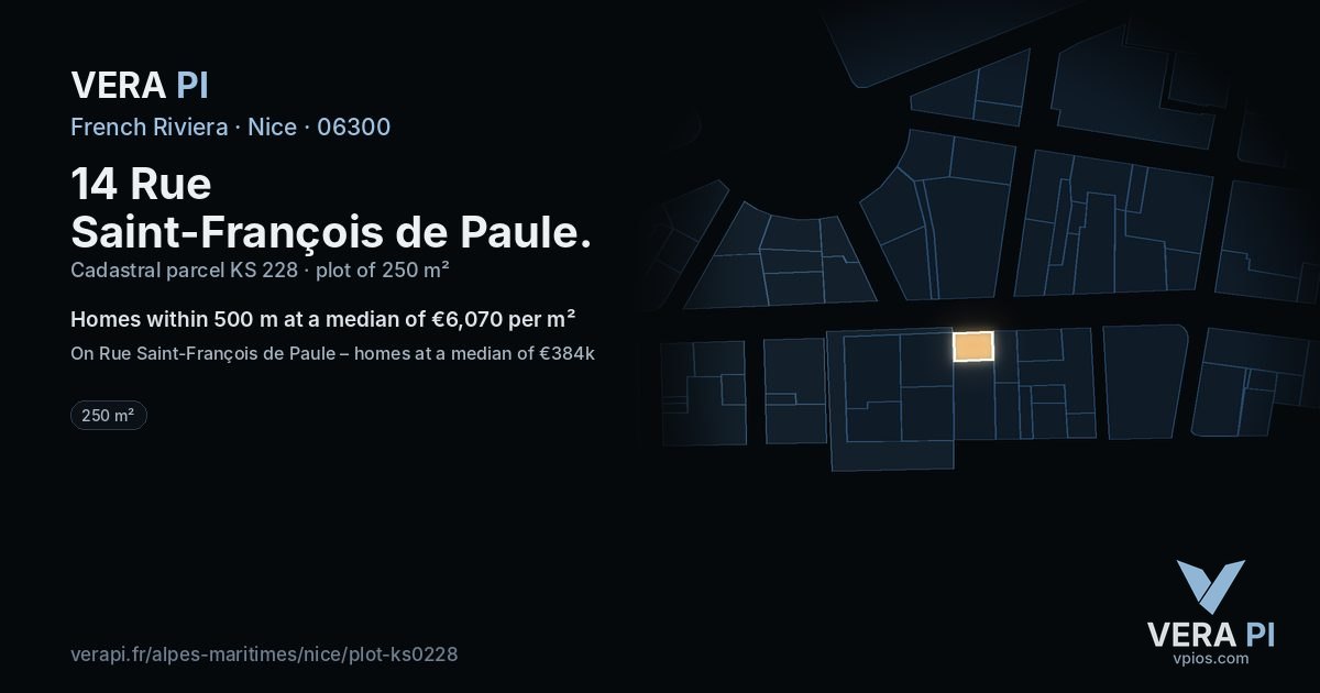 14 Rue Saint-François de Paule, Nice at night – the plot lit, the parcels around coloured by the prices near them