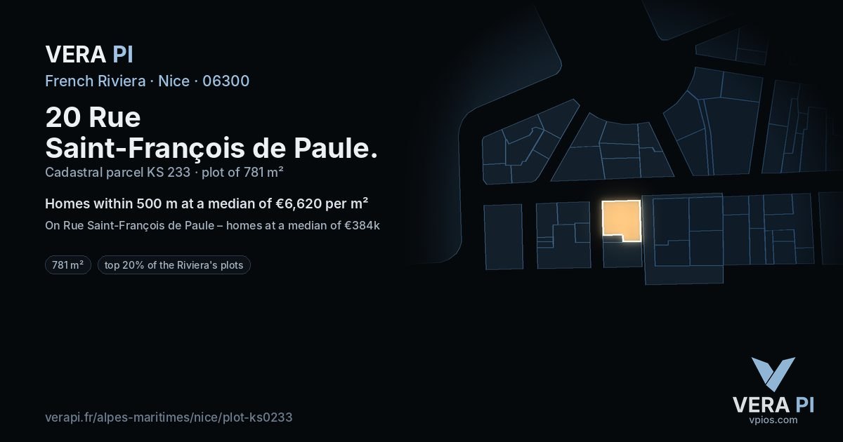 20 Rue Saint-François de Paule, Nice at night – the plot lit, the parcels around coloured by the prices near them