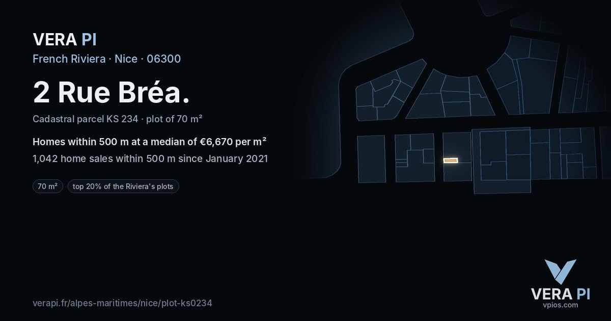 2 Rue Bréa, Nice at night – the plot lit, the parcels around coloured by the prices near them