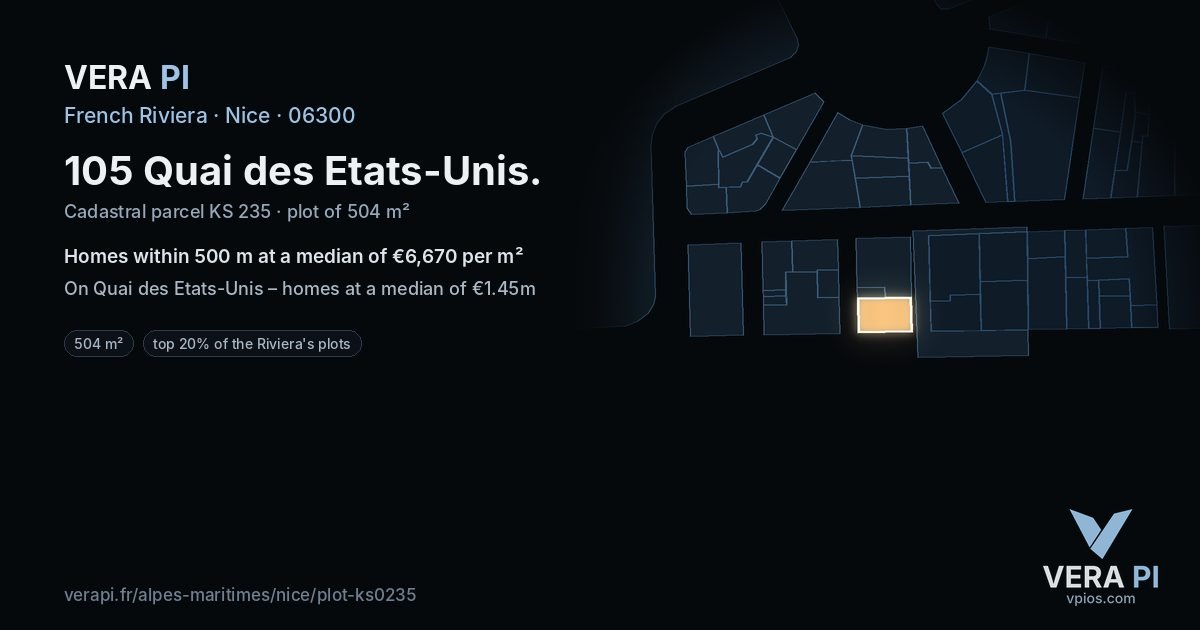 105 Quai des Etats-Unis, Nice at night – the plot lit, the parcels around coloured by the prices near them