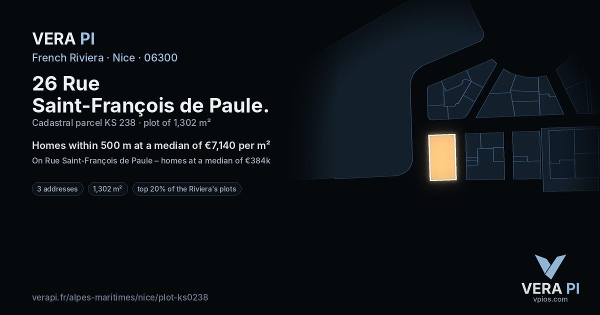 26 Rue Saint-François de Paule, Nice at night – the plot lit, the parcels around coloured by the prices near them