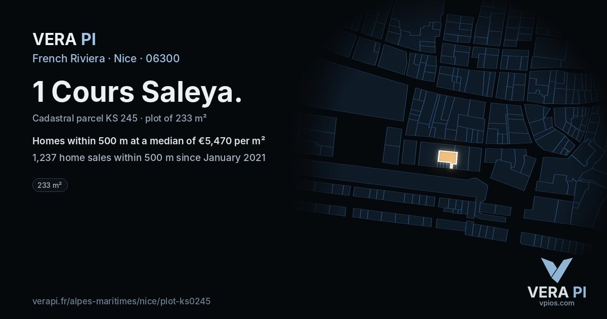 1 Cours Saleya, Nice at night – the plot lit, the parcels around coloured by the prices near them