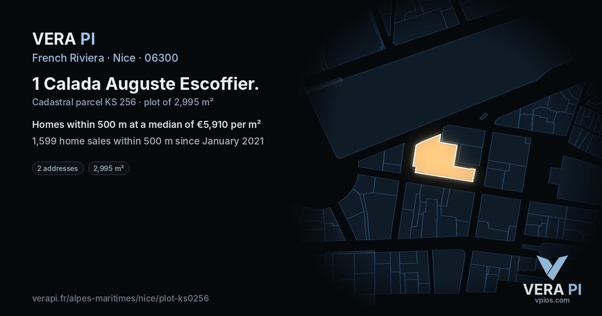 1 Calada Auguste Escoffier, Nice at night – the plot lit, the parcels around coloured by the prices near them