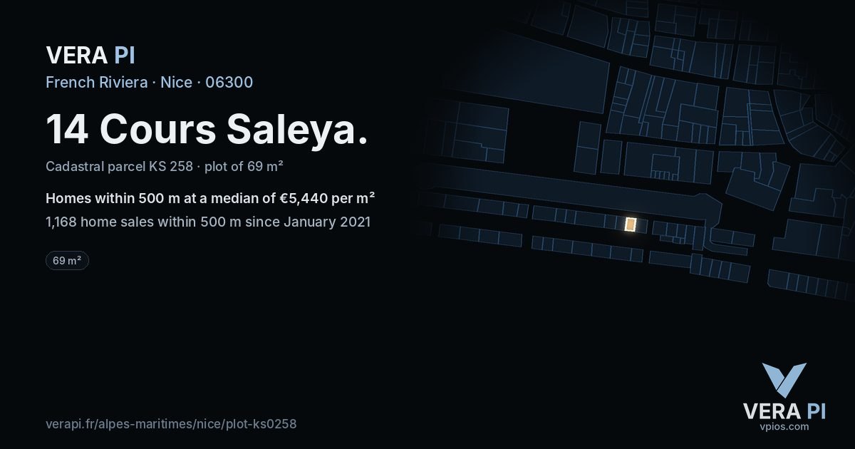 14 Cours Saleya, Nice at night – the plot lit, the parcels around coloured by the prices near them