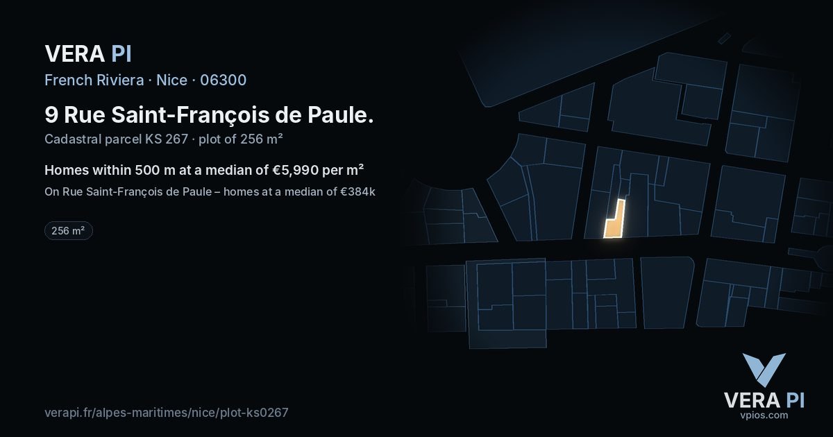 9 Rue Saint-François de Paule, Nice at night – the plot lit, the parcels around coloured by the prices near them