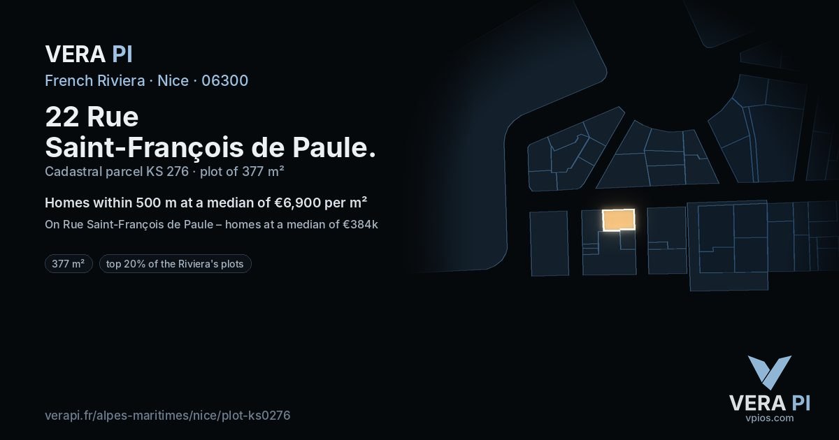 22 Rue Saint-François de Paule, Nice at night – the plot lit, the parcels around coloured by the prices near them